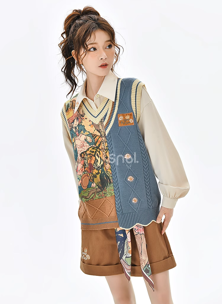 Mori Kei Clothing Set Retro Shirt Academy Vest Casual Shorts 39286:618818