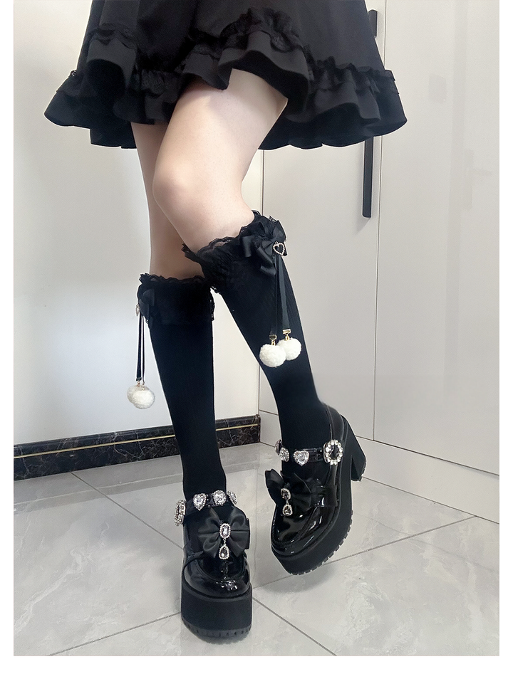 Jirai Kei Knee Socks Lace Bow Pom-Pom Mid-Calf Socks 40886:678956