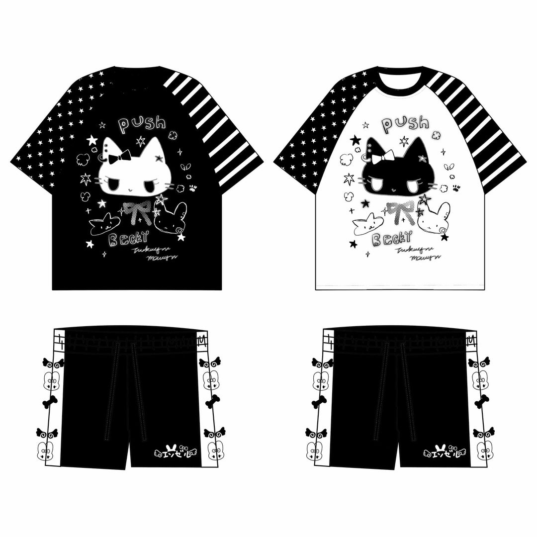 Kawaii Otaku Anime Cat Print Cotton Shirt Black & White 42851:757588