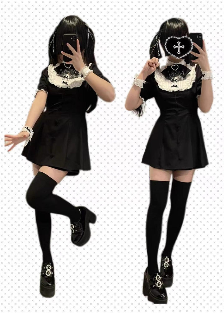Jirai Kei Dress Set Short-sleeved Lace Knot Bow Dress Shorts 35108:483294