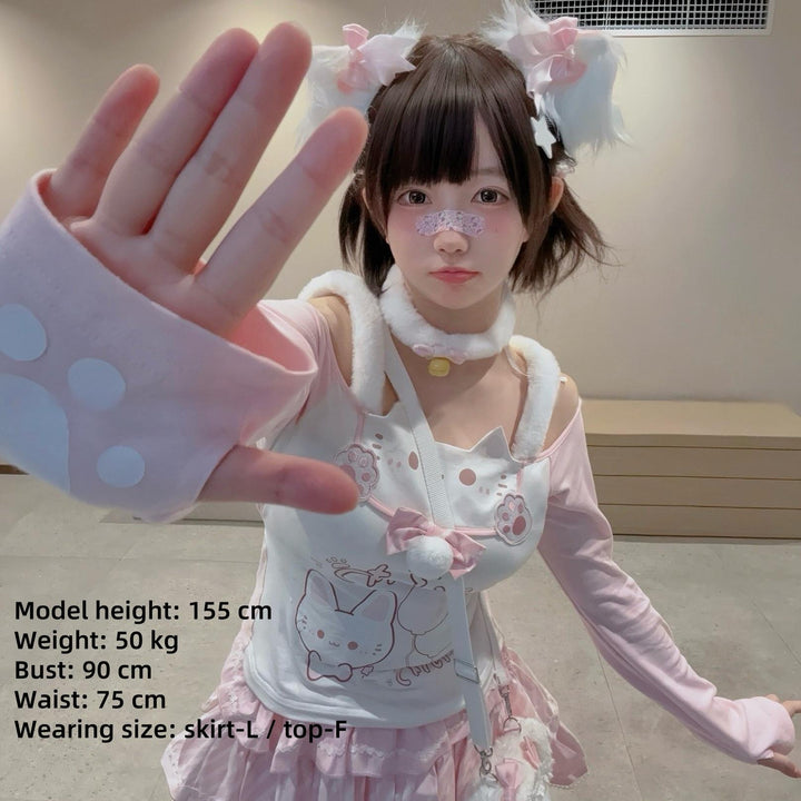 Kawaii Cat-Print Cotton Skirt Off-Shoulder Top with Choker 42812:755922