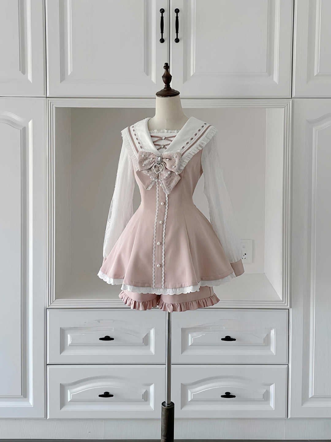 Jirai Kei Dress With Pearl Chain And Big Rhinestone Bow Tie (2XL L M S XL) 42813:755979