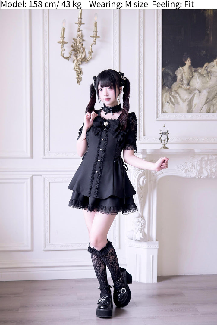 Jirai Kei Dress 4-Piece Set, Elastic Waist & Pearl Button 43010:762041