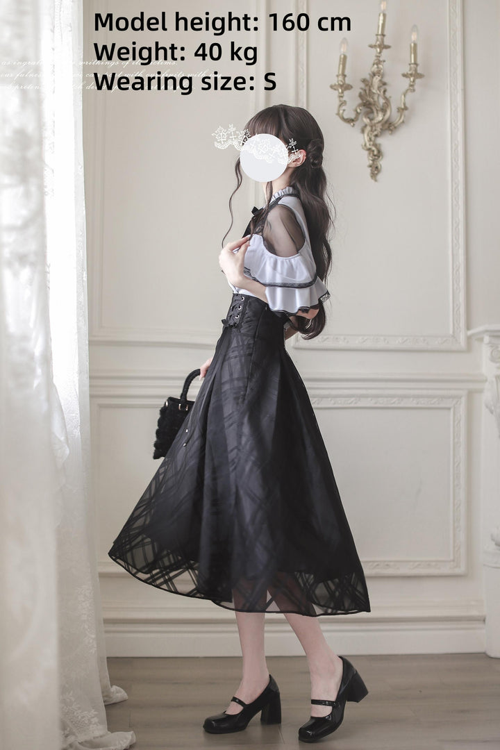 Black Maxi Jirai Kei Skirt, Purple Cape Blouse 43111:769503