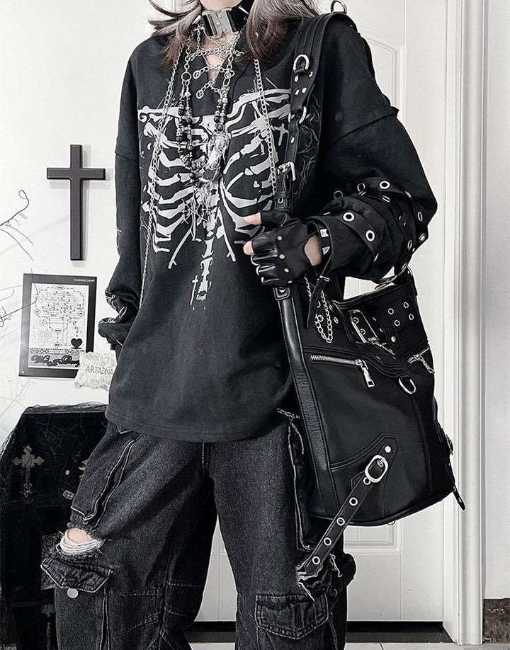 Ribcage Printed Subculture Hoodie, Ear-Accent Hood 44564:815275