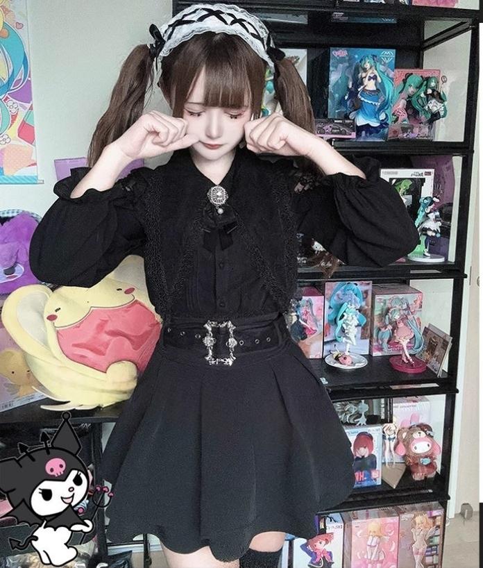 Pointed Lace Collar Jirai Kei Blouse & Black Skirt 42949:769839