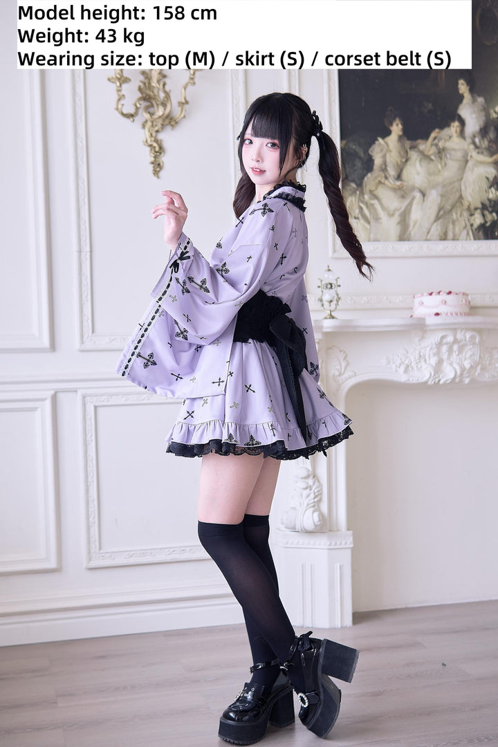 Wa-Style Jirai Kei Kimono Blouse + Ruffle SKirt + Wide Obi Belt 42799:765966