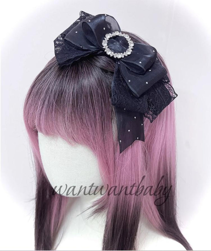 Jirai Kei Headwear, Rhinestone Bow Headband With Sparkle (Black) 43297:772907