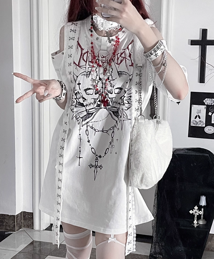 Open-Shoulder Subculture Cotton T-Shirt (White) 43872:789437