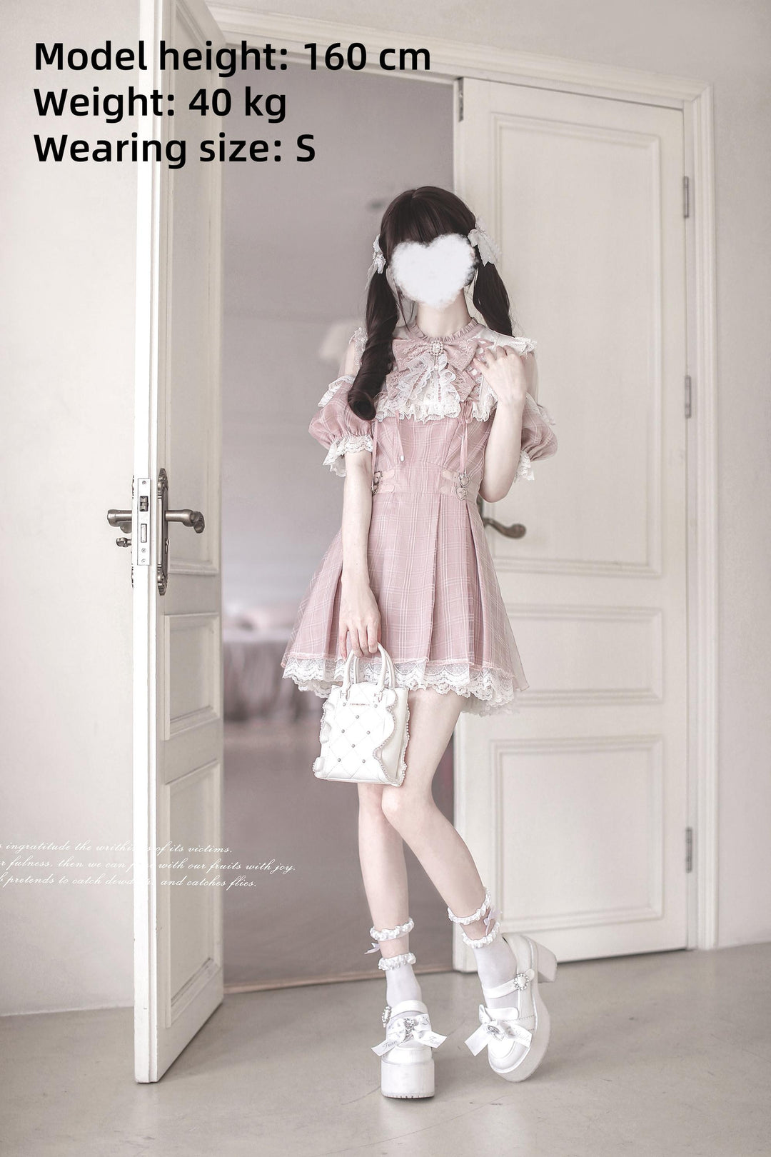 Pink Ryousangata Dress, Lace Trim & Square Rhinestone Bow 43193:770720