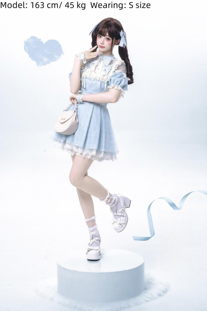 Water Blue Jirai Kei Dress with Box Pleated Skirt And Square Rhinestone 42704:750877