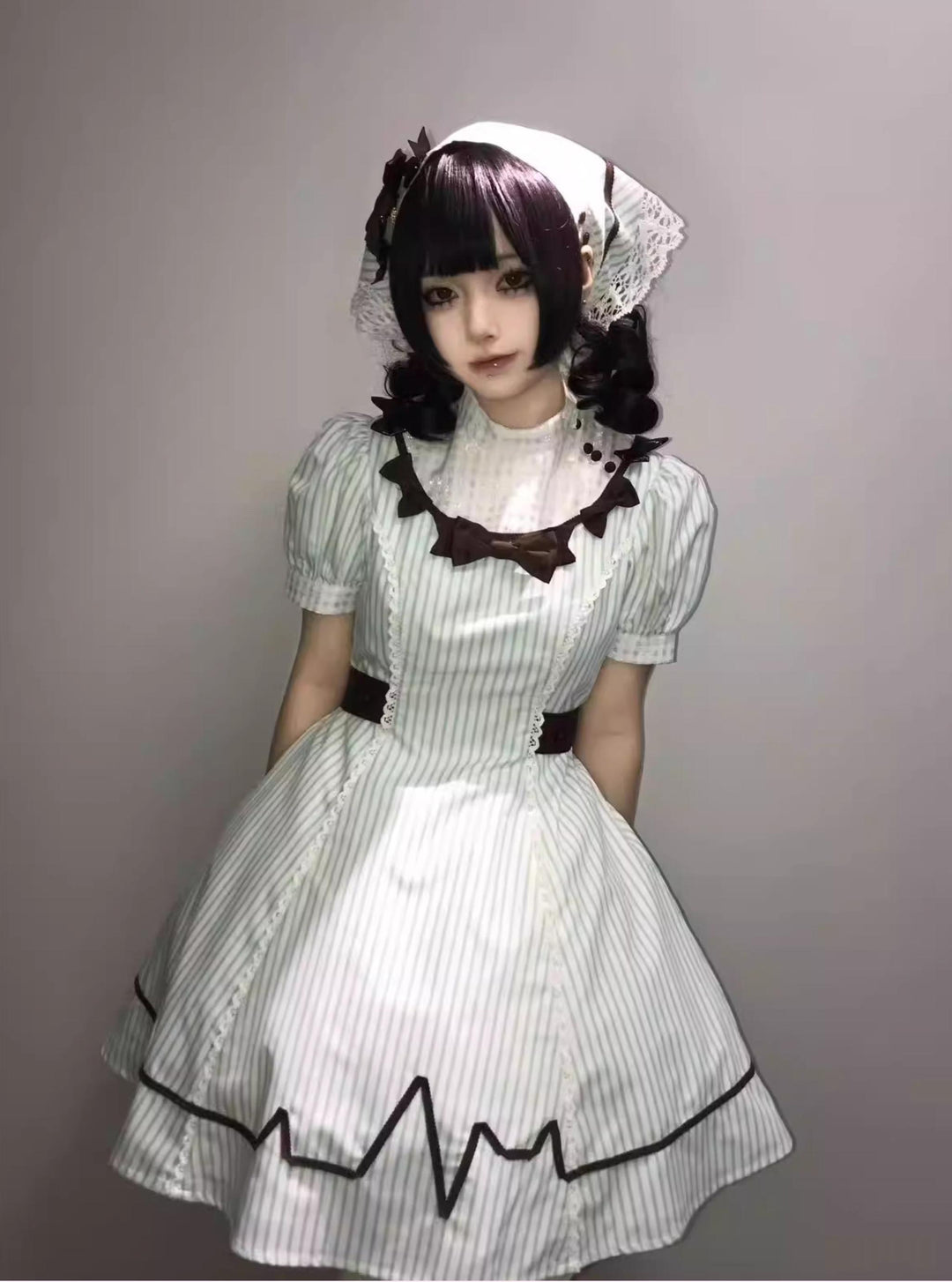 Old School Lolita Striped Dress, Cross Apron 45136:836828