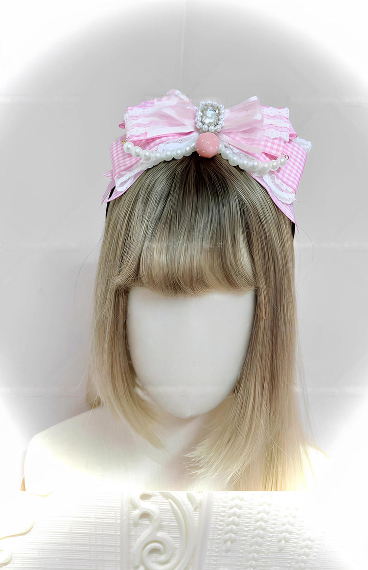 Ryousangata Plaid Strawberry Headband, Adjustable Bow 43647:782292