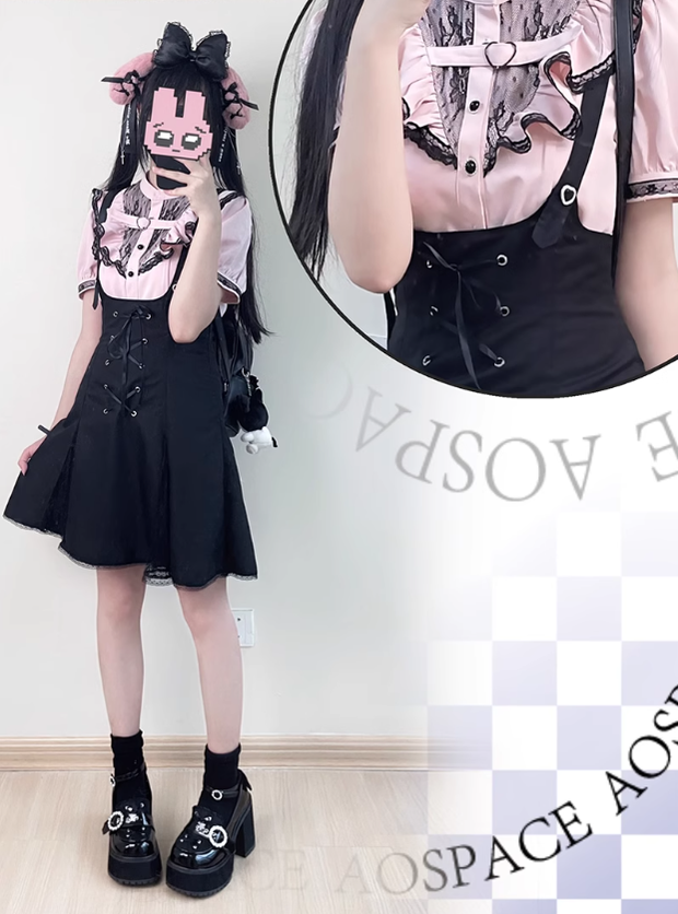 Jirai Kei Bi-color Blouse, Suspender Skirt Set 21976:365414