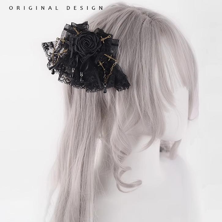 Gothic Lolita Hair Clips Black Bow Lace Hair Accessory 39652:635730