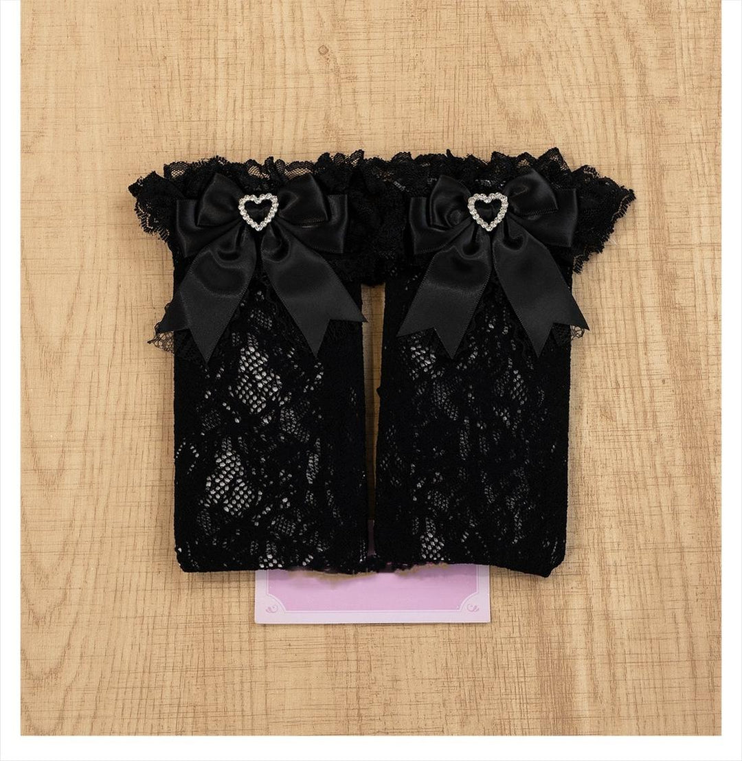 Jirai Kei Socks Kawaii Heart-Shaped Rhinestones and Bow Detail 21542:629528