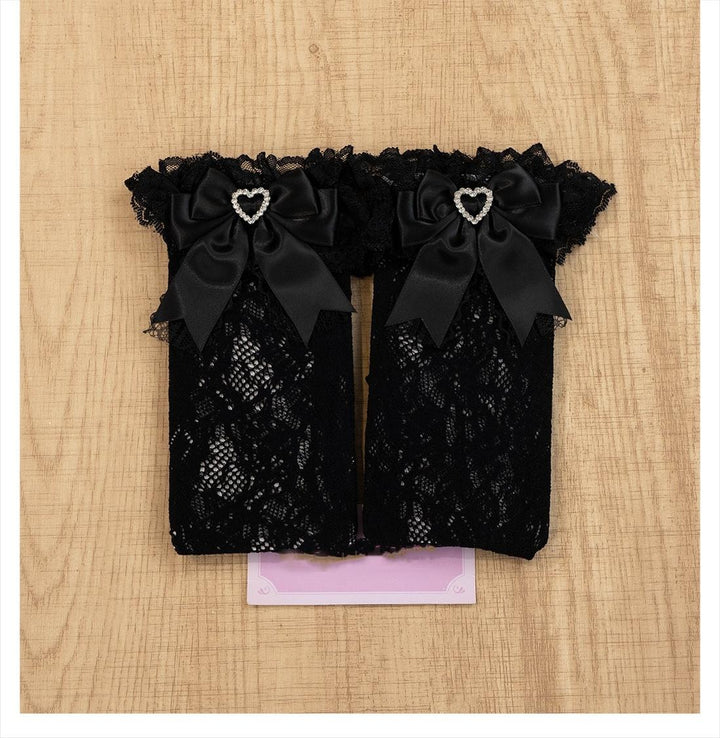 Jirai Kei Socks Kawaii Heart-Shaped Rhinestones and Bow Detail 21542:629528
