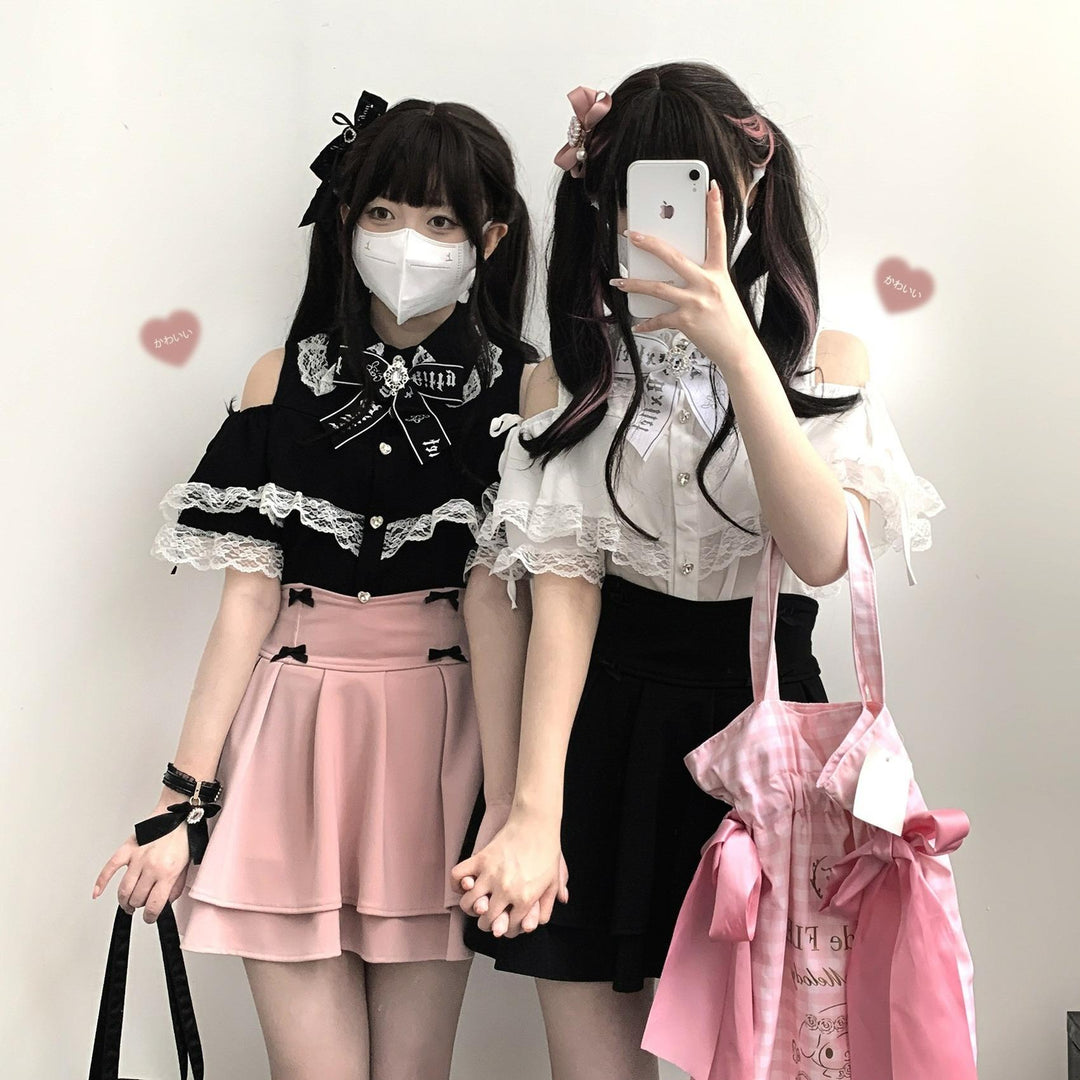 Jirai Kei Shirt Lace Open-shoulder Blouse Short Sleeve Top 36782:537536