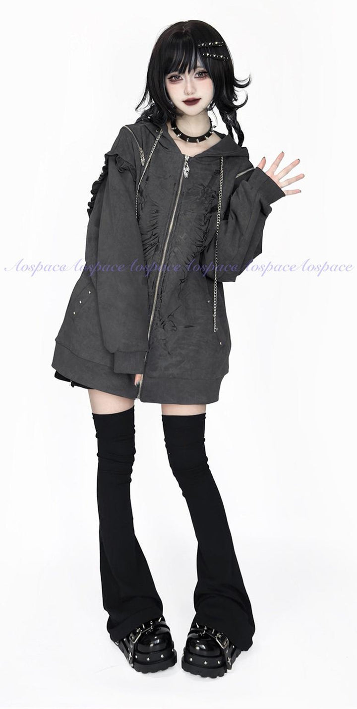 Subculture Ribcage Printed Zipper Hoodie, Open Shoulder 44482:811063