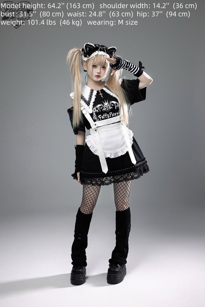 Cotton Sub Jirai Kei T-Shirt Dress, Pointed Collar, Open Shoulder 43373:774892