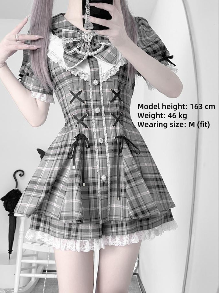 Jirai Kei Dress With Lace-Up Waist & Pocketed Shorts 43005:762133