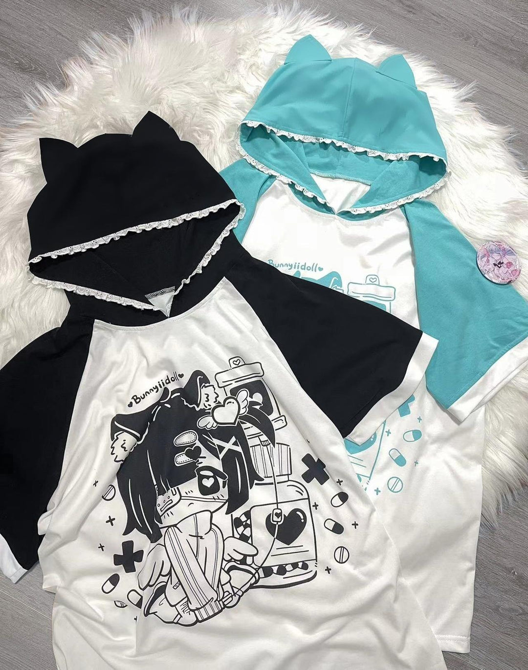 Subculture T-shirt Cat Ear Anime Hoodie Loose Otaku Shirt (L M / Black) 38522:599856
