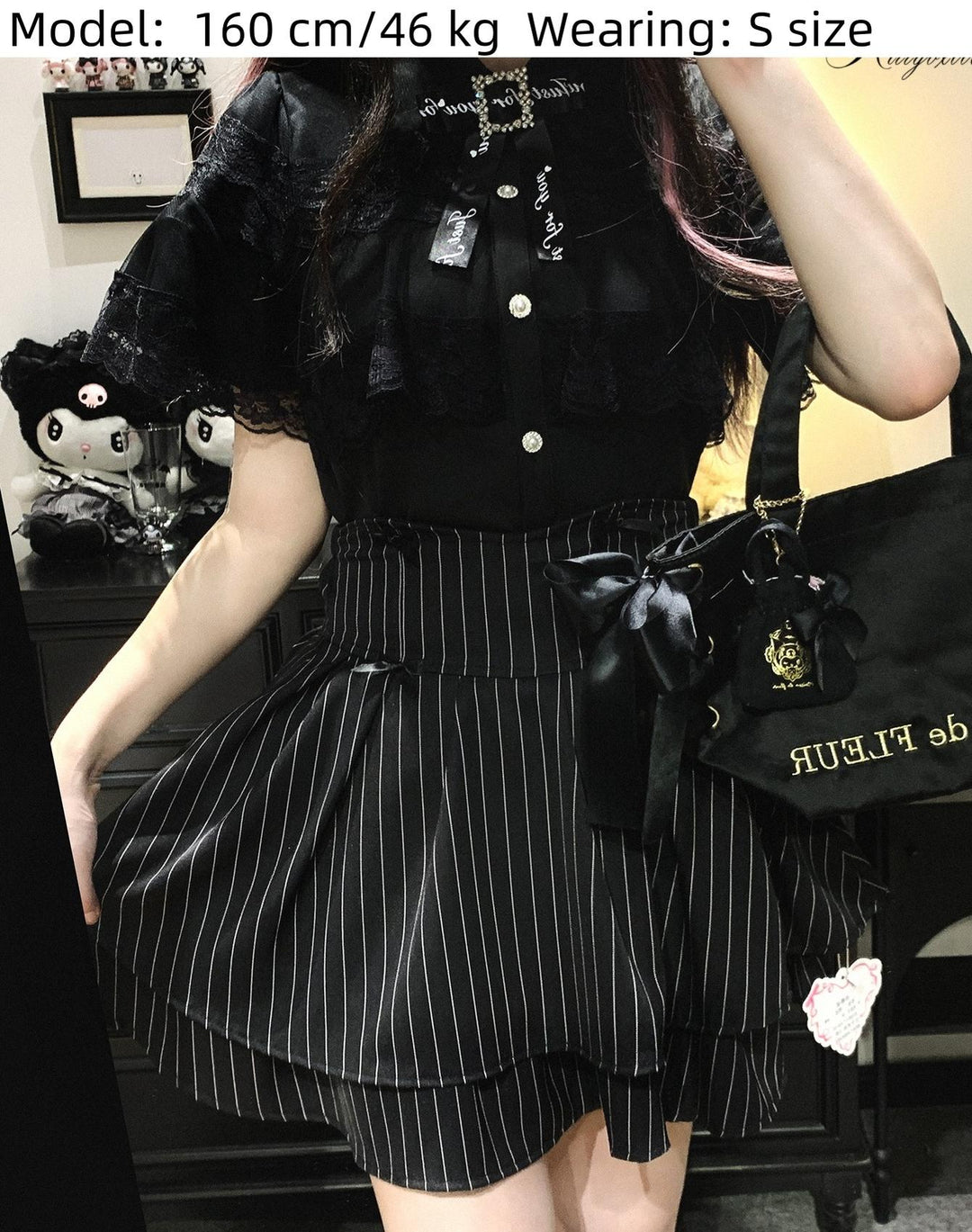 Striped Jirai Kei Skirt, Elastic Built-in Waist Shorts 43074:766284