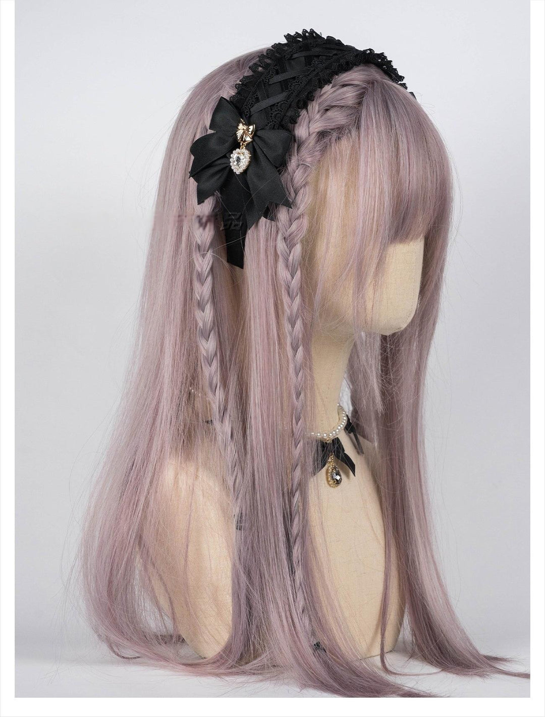 Ruffled Lace Jirai Kei Headband with Bows and Rhinestone 42485:742656