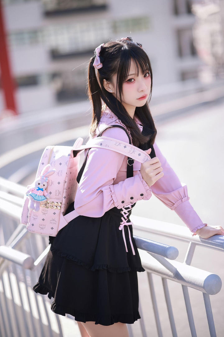 Pink Jirai Kei Blouse, Black Lace Up Skirt 21832:760689