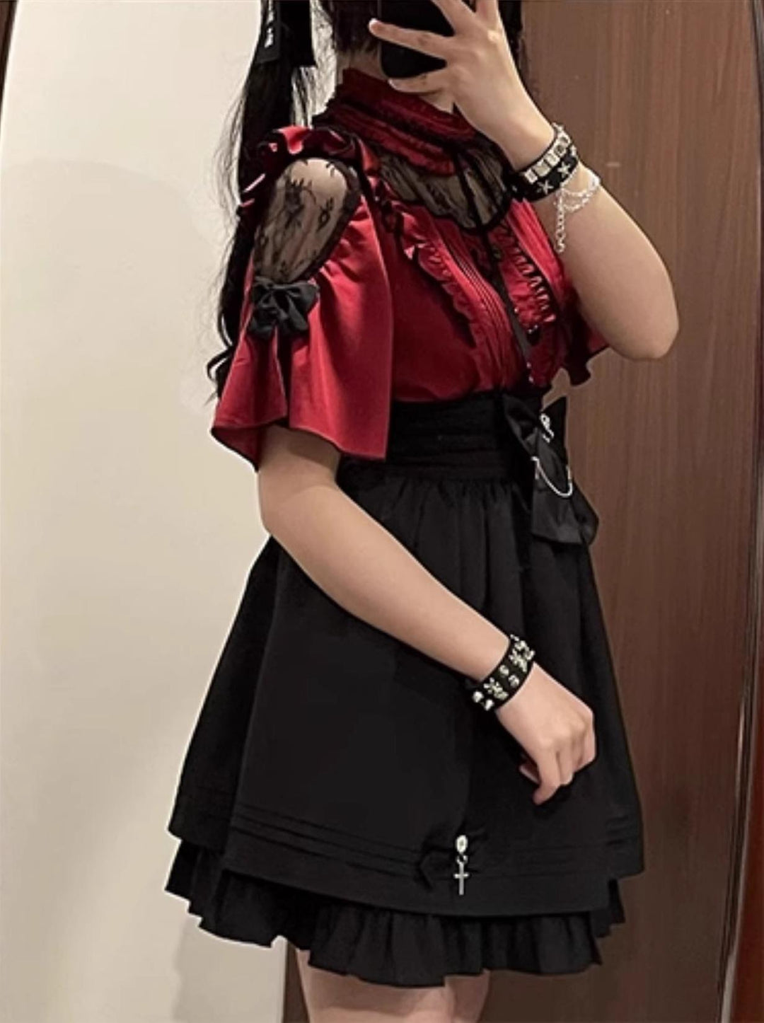 Lace Shoulder Jirai Kei Blouse + High Waist Skirt, Cross Pendant 35596:538258
