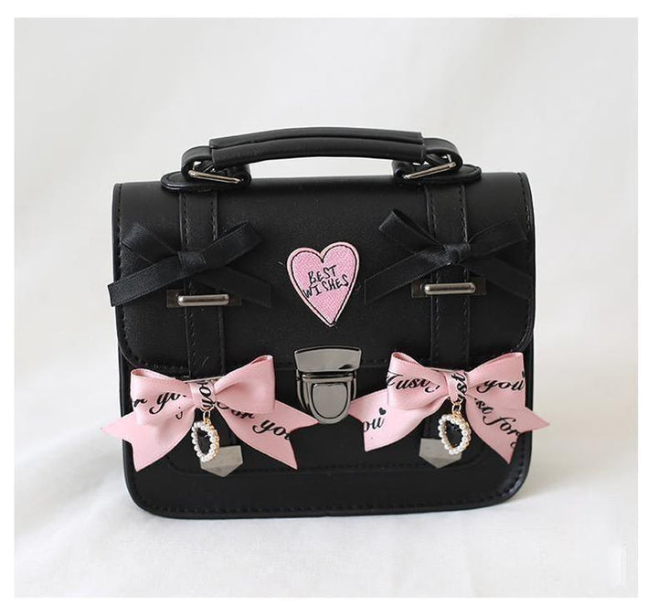 Black Jirai Kei Bag Leather Shoulder Bag With Bows And Rhinestone 33802:449844