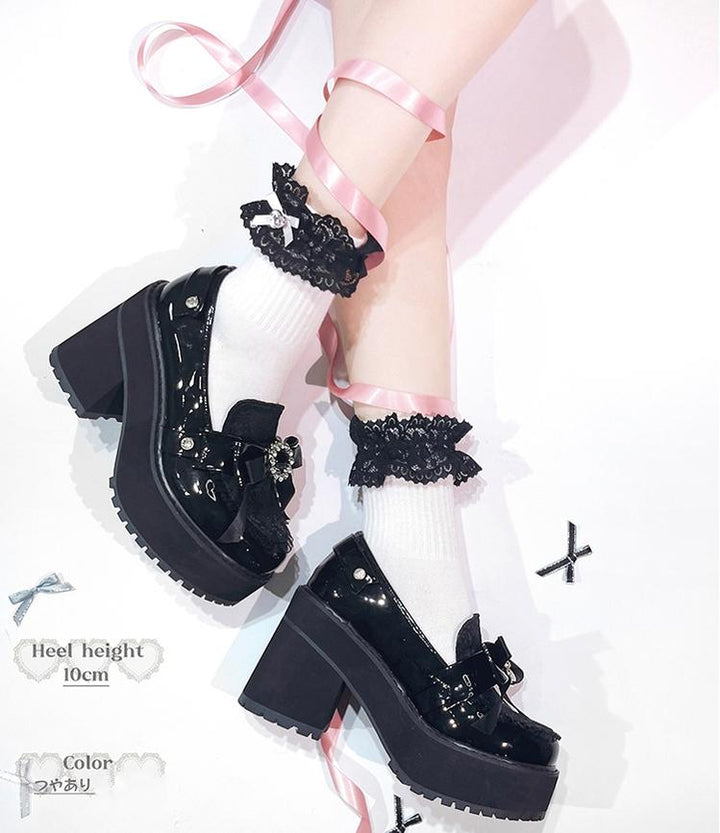 Jirai Kei Shoes Bow Tie Rhinestone Platforms High-heel Shoes 38516:591204