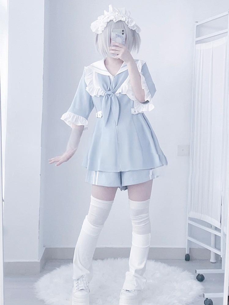 Jirai Kei Set Up Blue Lace Dress And Shorts Set (L M S XL) 37046:546726