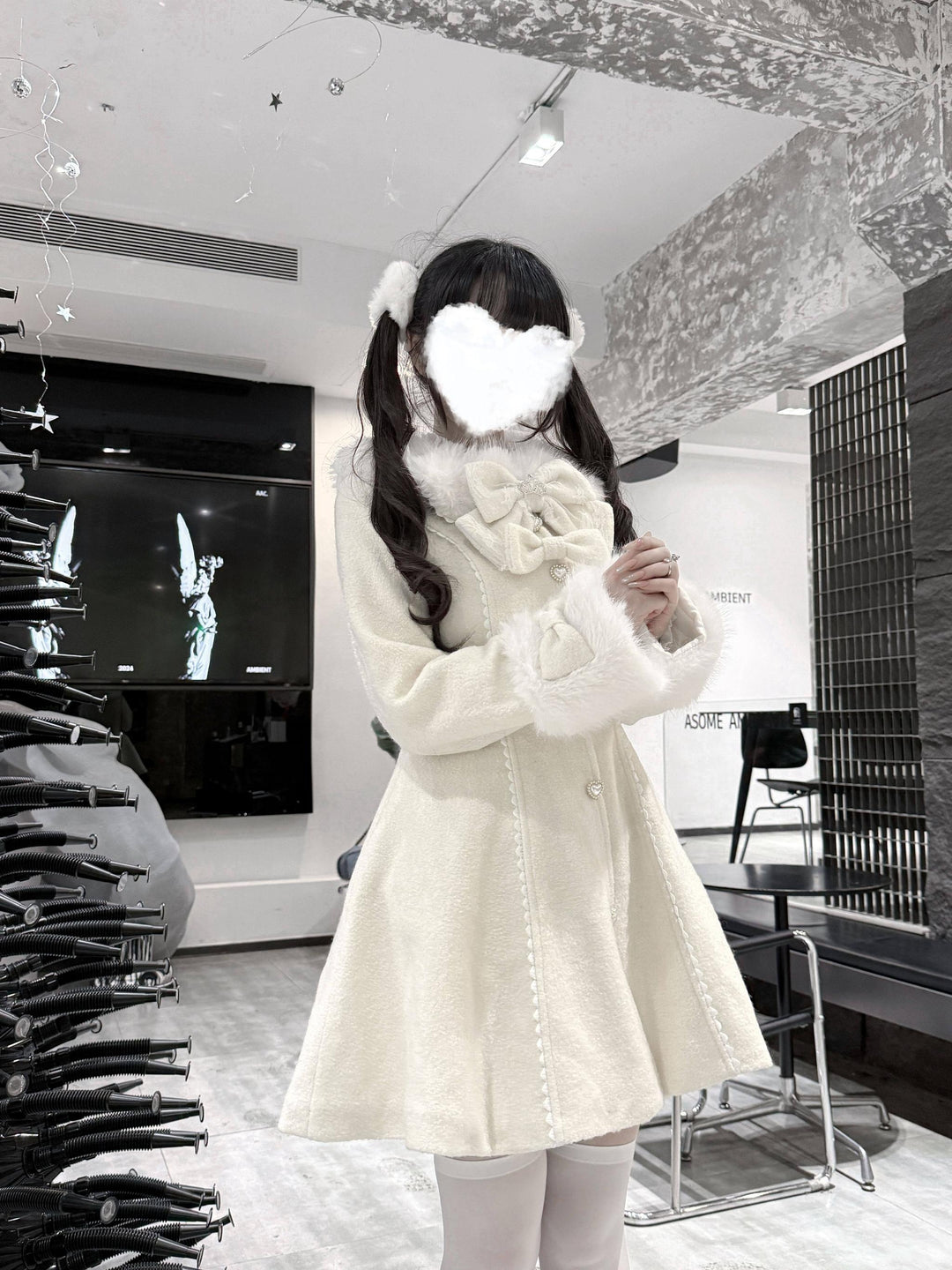 Jirai Kei Wool Blend Winter Coat, Quilted Lining 44567:813965