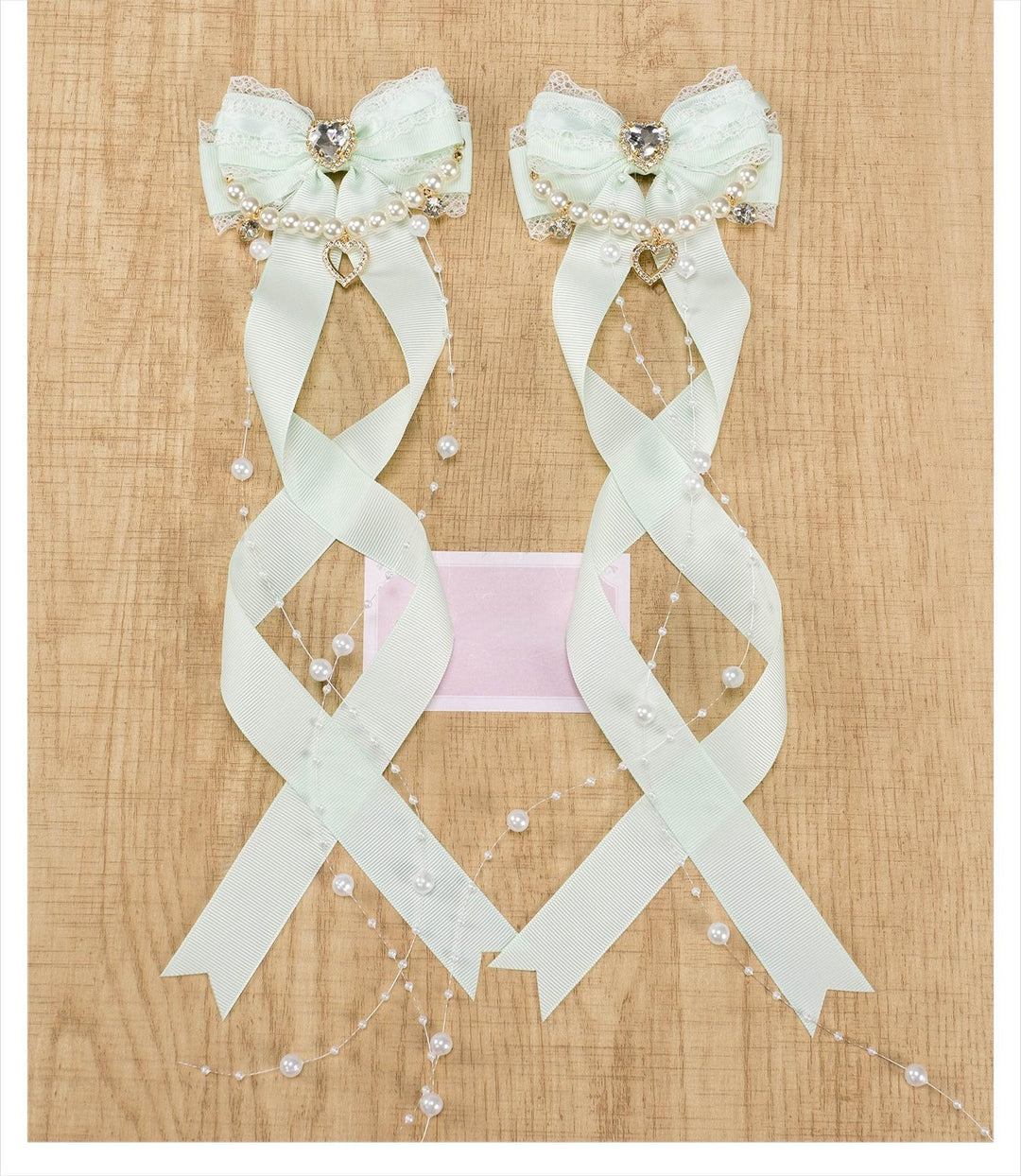 Jirai Kei Bow Hair Clip, Heart Rhinestone, Pearl Chain, Lace Trim (Pair) 43501:778531