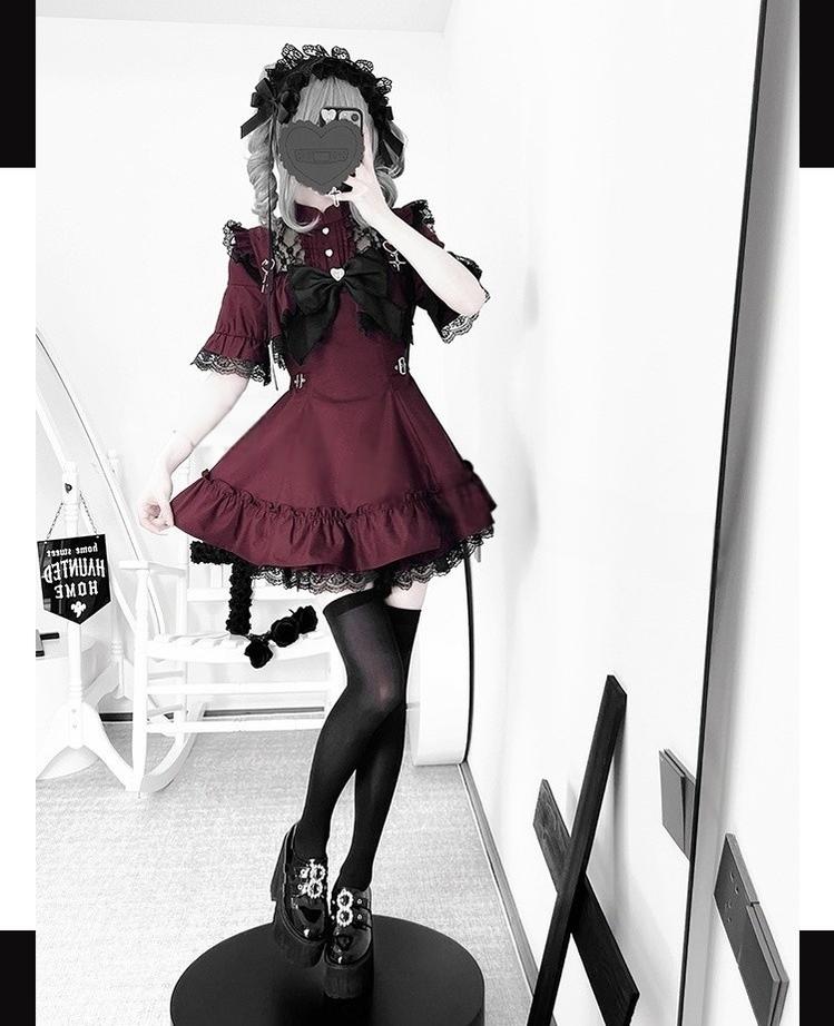 Jirai Kei Dress Set with Large Bow & Lace Hollow-out Detail 42814:755657