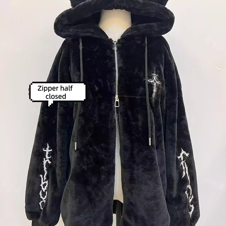 Jirai Kei Coat Black Fleece Hooded Jacket With Cat Ears 40754:678008
