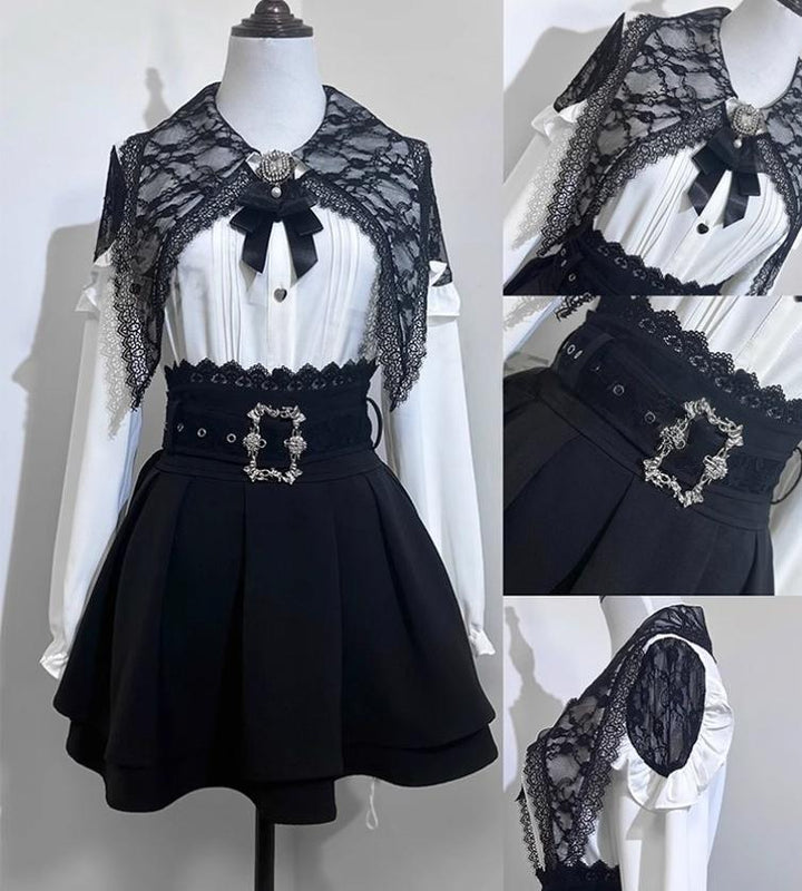 Pointed Lace Collar Jirai Kei Blouse & Black Skirt 42949:769836