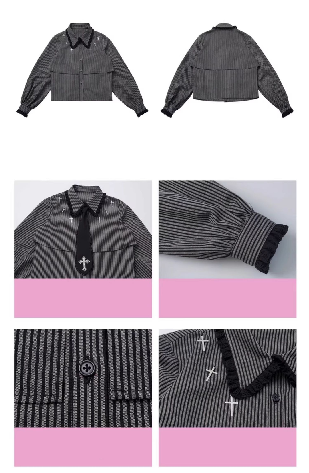 Gothic Striped Blouse, Black Skirt Set 44172:800288