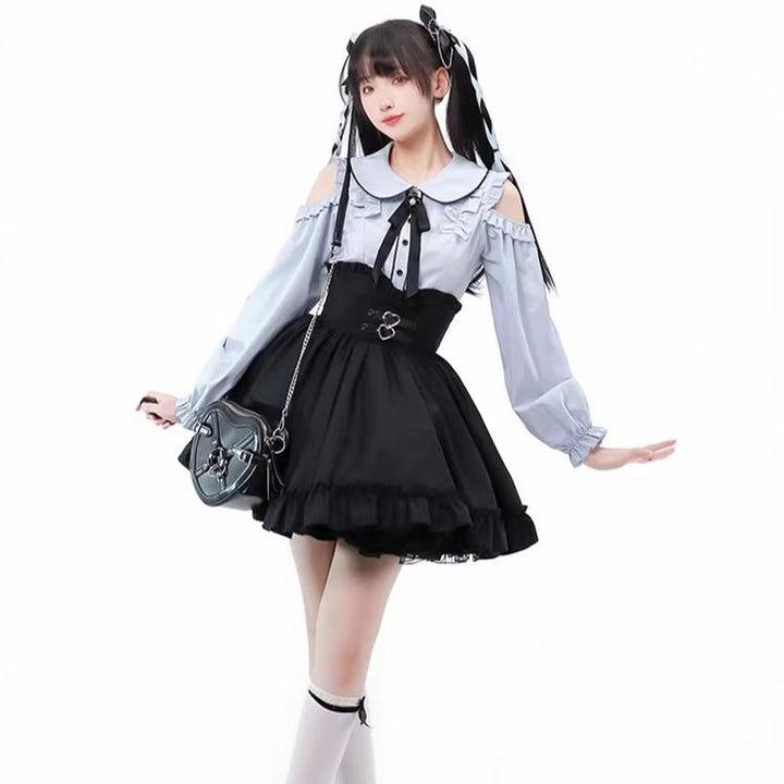 Jirai Kei Blue Open Shoulder Blouse, Flounce Hem Skirt (L M S XL) 21966:351048