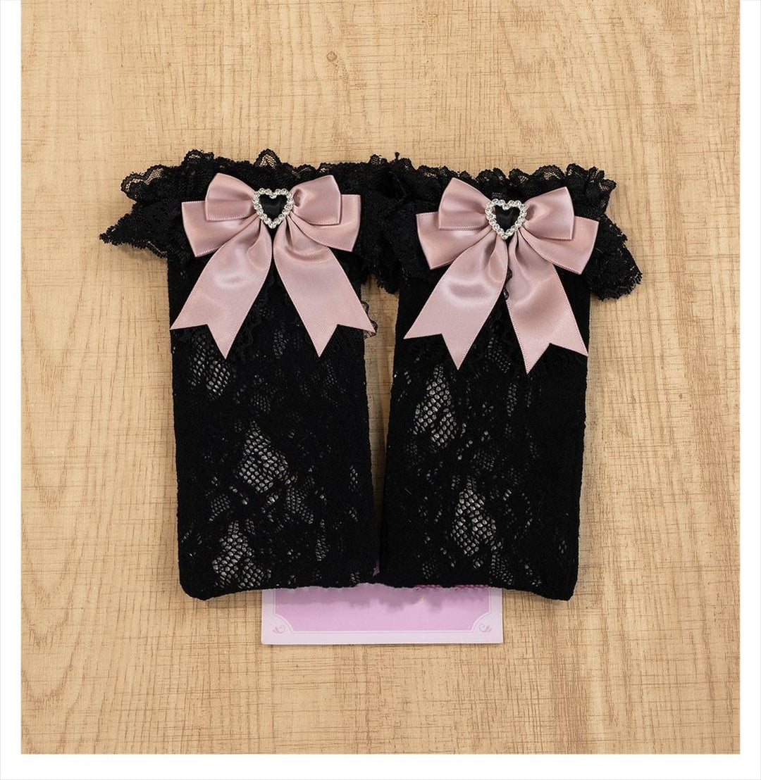 Jirai Kei Socks Kawaii Heart-Shaped Rhinestones and Bow Detail 21542:629530