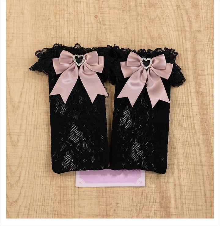 Jirai Kei Socks Kawaii Heart-Shaped Rhinestones and Bow Detail 21542:629530