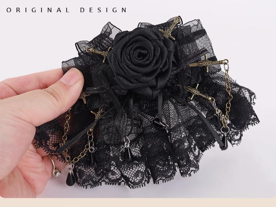 Gothic Lolita Hair Clips Black Bow Lace Hair Accessory 39652:635754