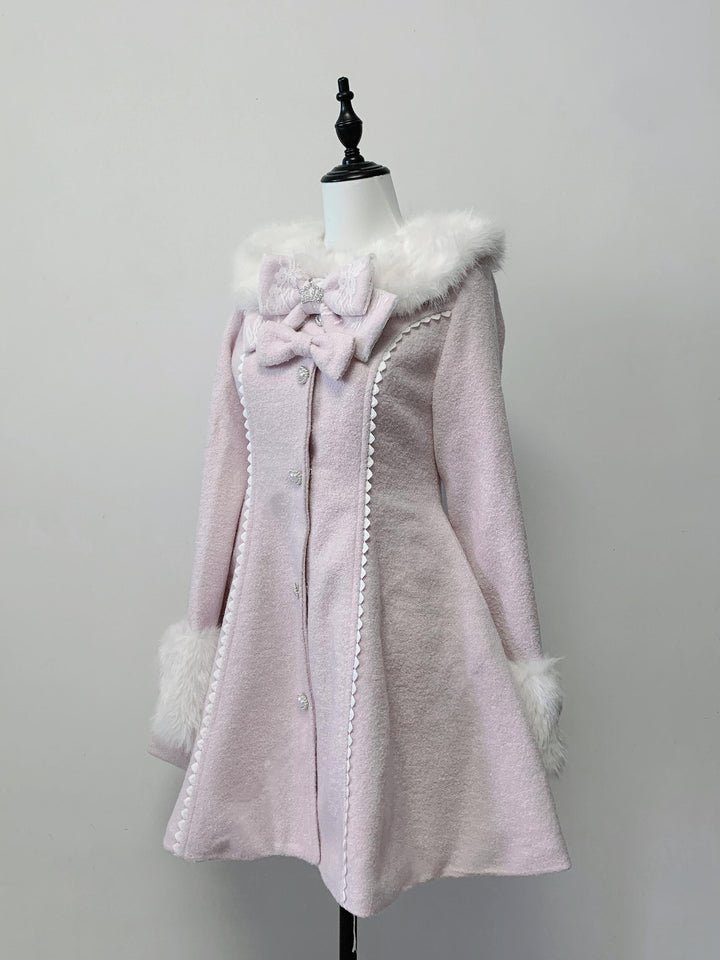 Jirai Kei Wool Blend Winter Coat, Quilted Lining (Pink / L M) 44567:813956