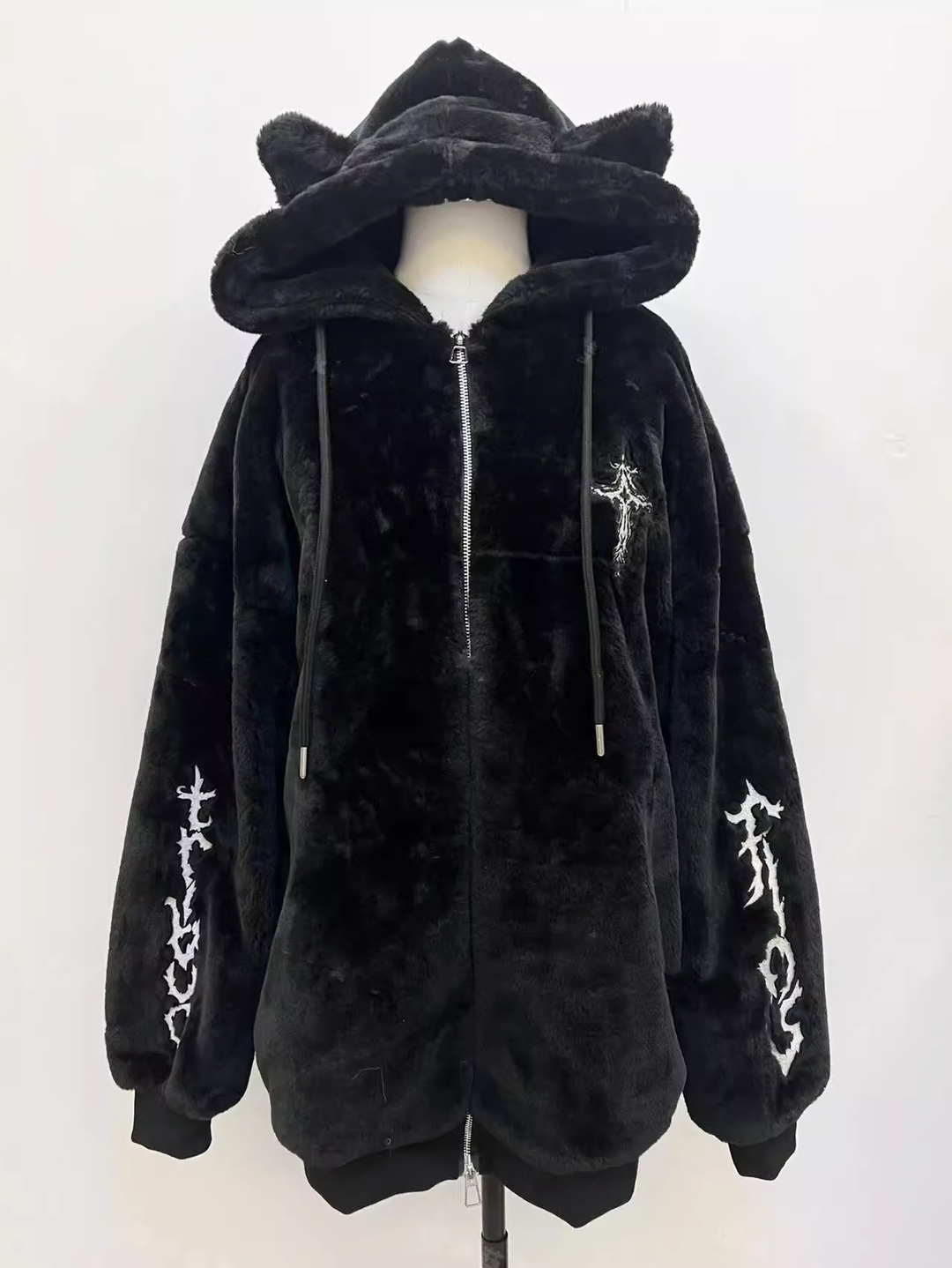 Jirai Kei Coat Black Fleece Hooded Jacket With Cat Ears (Black / L M) 40754:677998