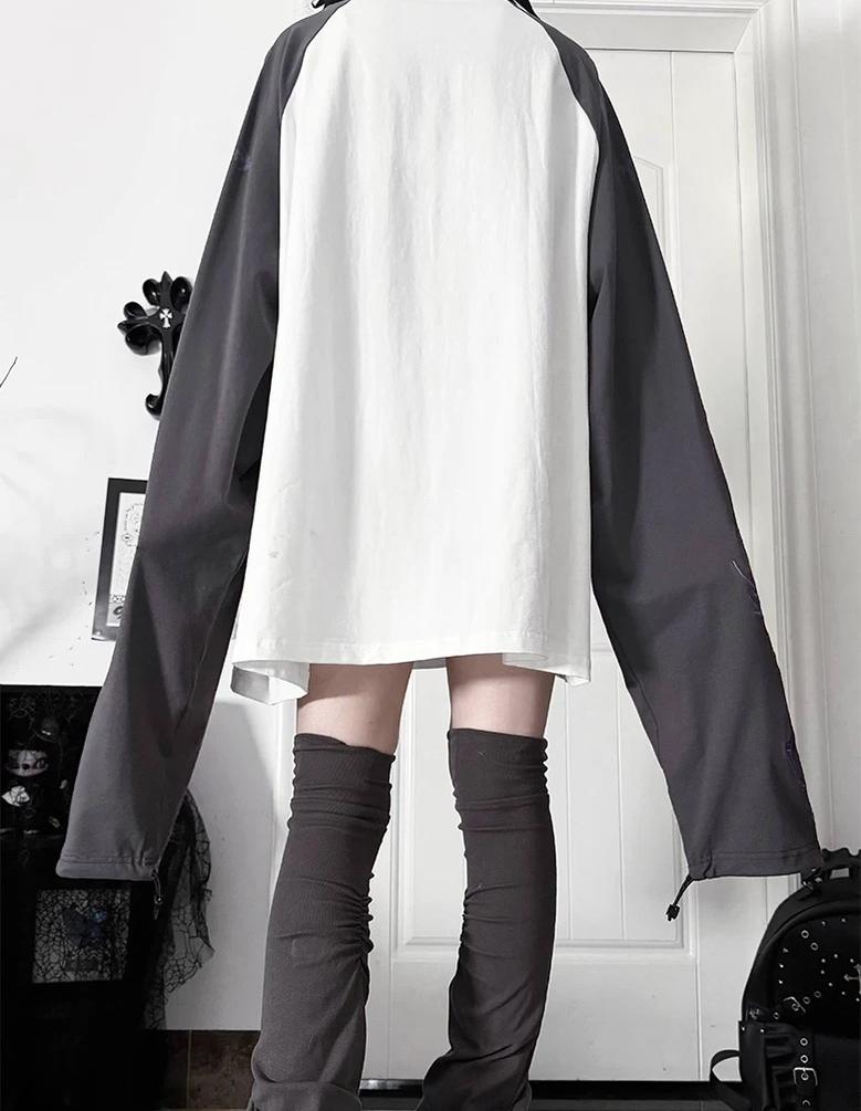 Gothic Long Sleeve Cotton T-Shirt, Demon Ram Embroidery 46062:875054