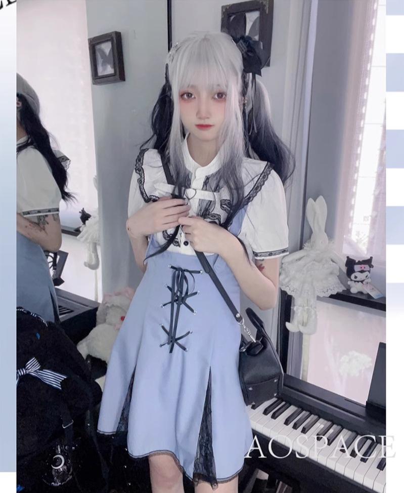 Jirai Kei Bi-color Blouse, Suspender Skirt Set 21976:365224
