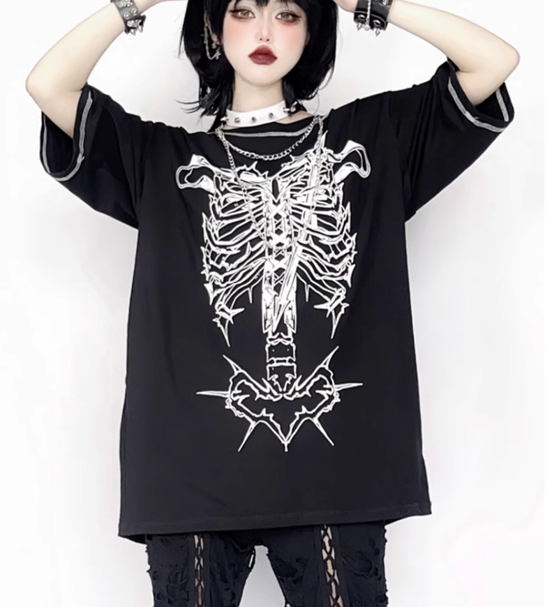 Gothic T-shirt Punk Ribbone Print Top Drop-Shoulder Shirt 39132:614788