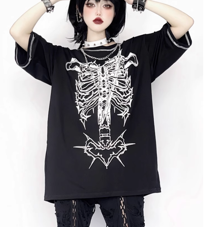 Gothic T-shirt Punk Ribbone Print Top Drop-Shoulder Shirt 39132:614788