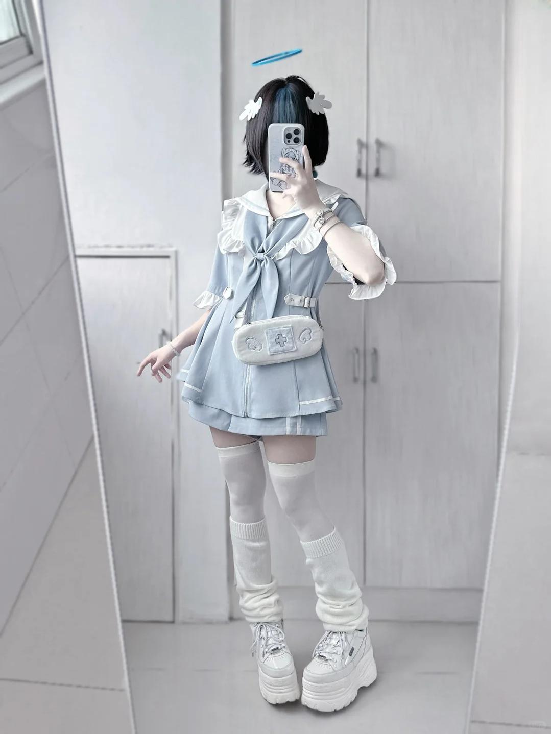Jirai Kei Set Up Blue Lace Dress And Shorts Set 37046:761480